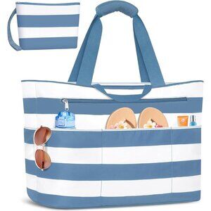 Women's Grey-blue White Waterproof Sandproof Xl Tote Zipper Foldable Beach Bags